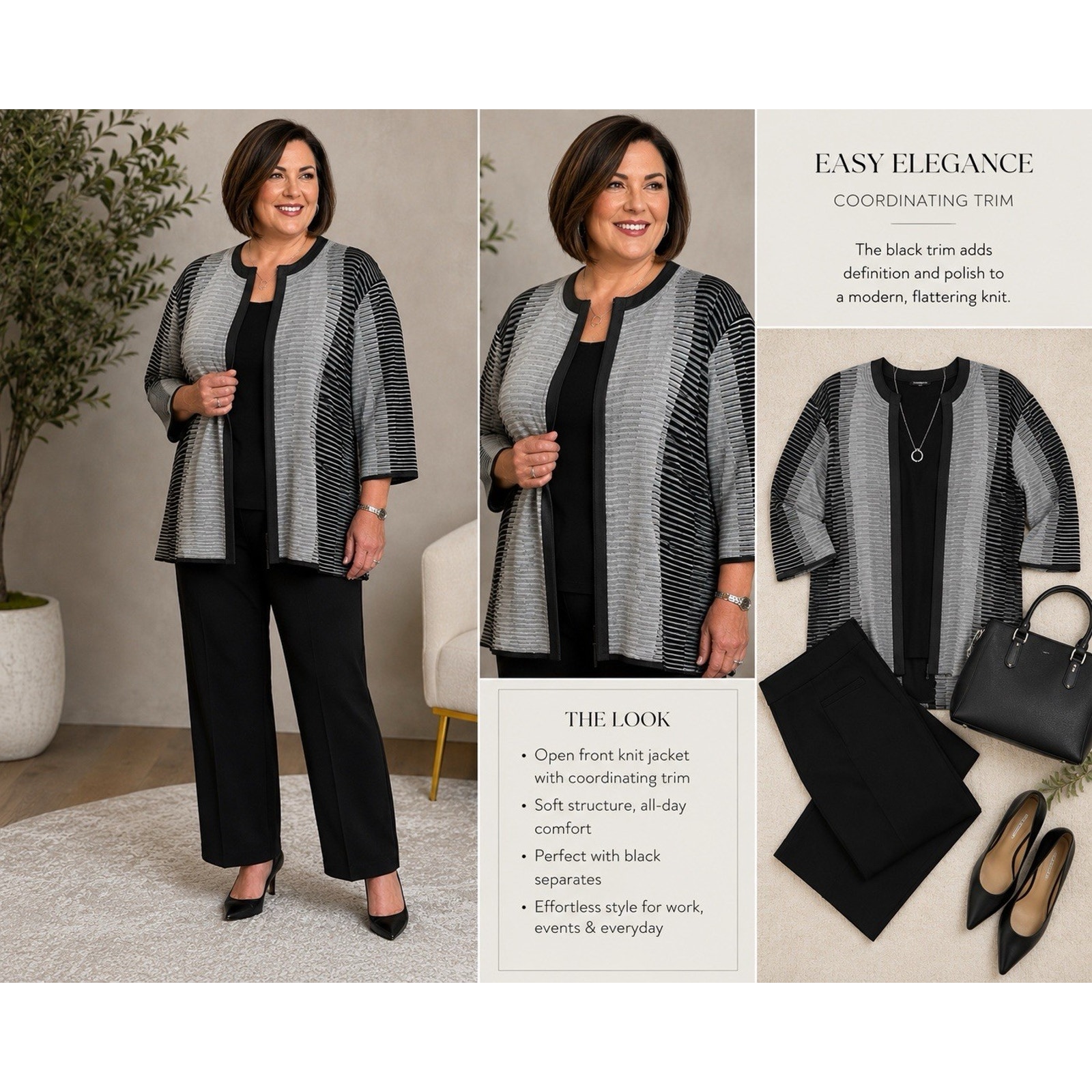 Ming Wang Jacket Full Zip Stripped Crewneck 3/4 Sleeve Gray Black Plus Size 3x